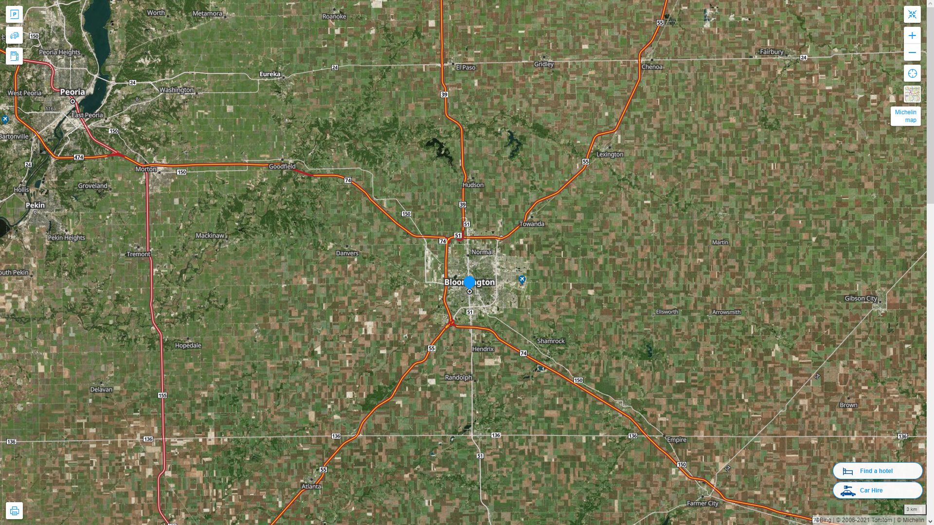 Bloomington illinois Highway and Road Map with Satellite View